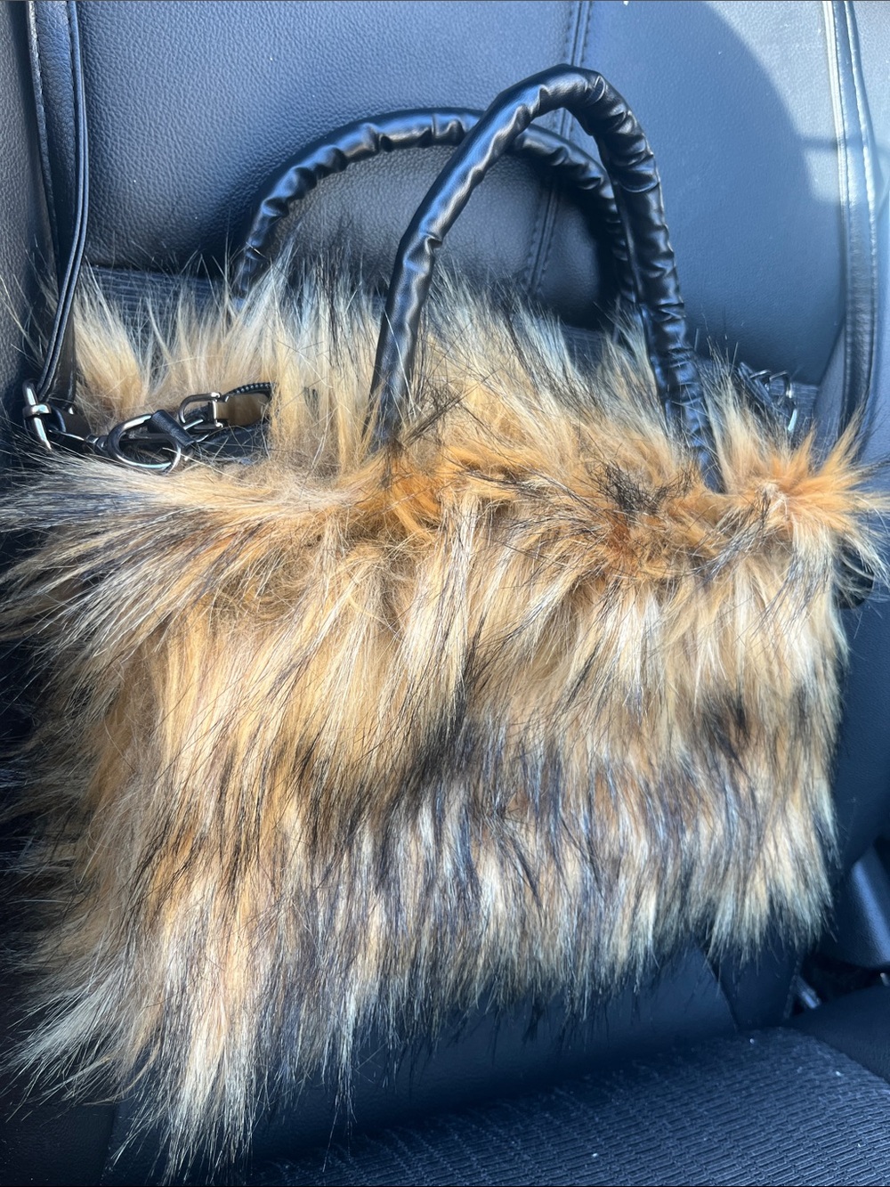 Plush Faux Fur Tote in Brown with Black Handles